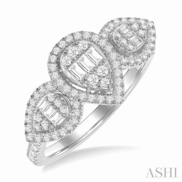 5/8 Ctw Pear Shape Past, Present & Future Fusion Baguette and Round Cut Diamond Halo Engagement Ring in 14K White Gold