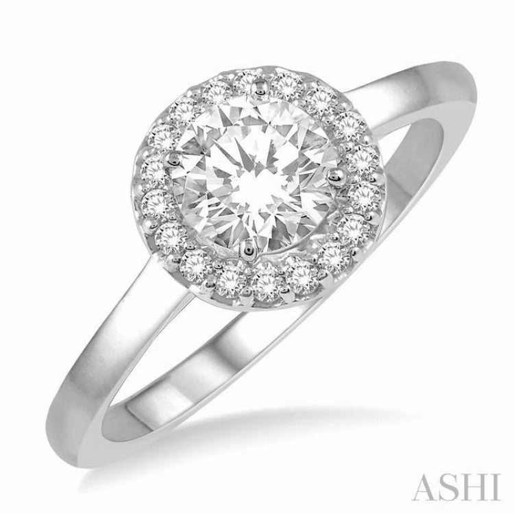 5/8 ctw Round Cut Diamond Ladies Engagement Ring with 1/2 Ct Round Cut Center Stone in 14K White Gold