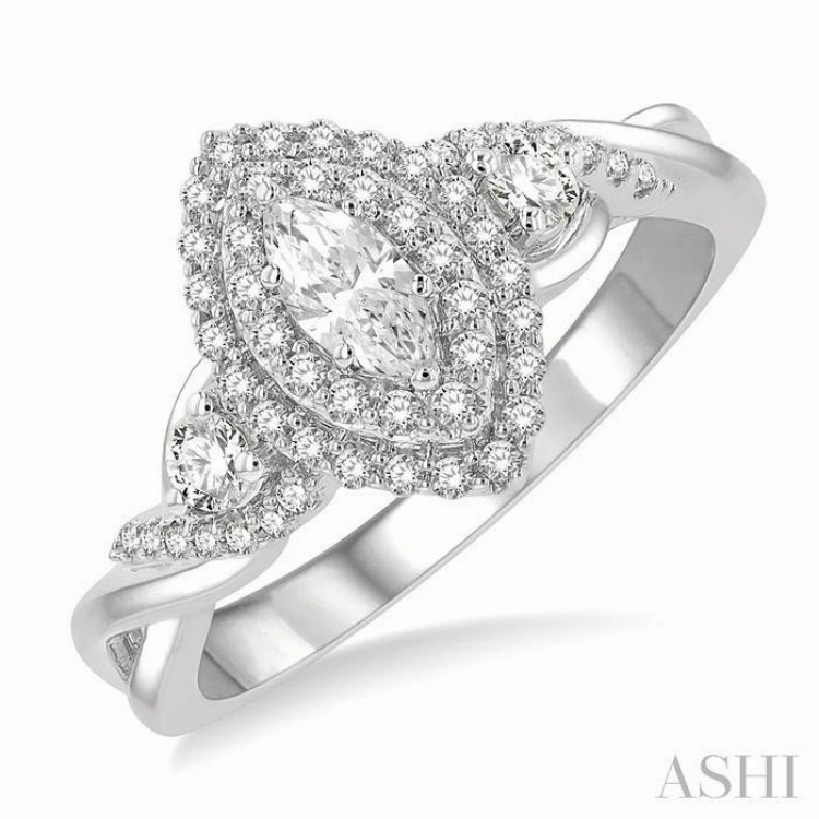 5/8 ctw Split Twisted Shank Round Cut Diamond Engagement Ring With 1/4 ct Marquise Cut Center Stone in 14K White Gold