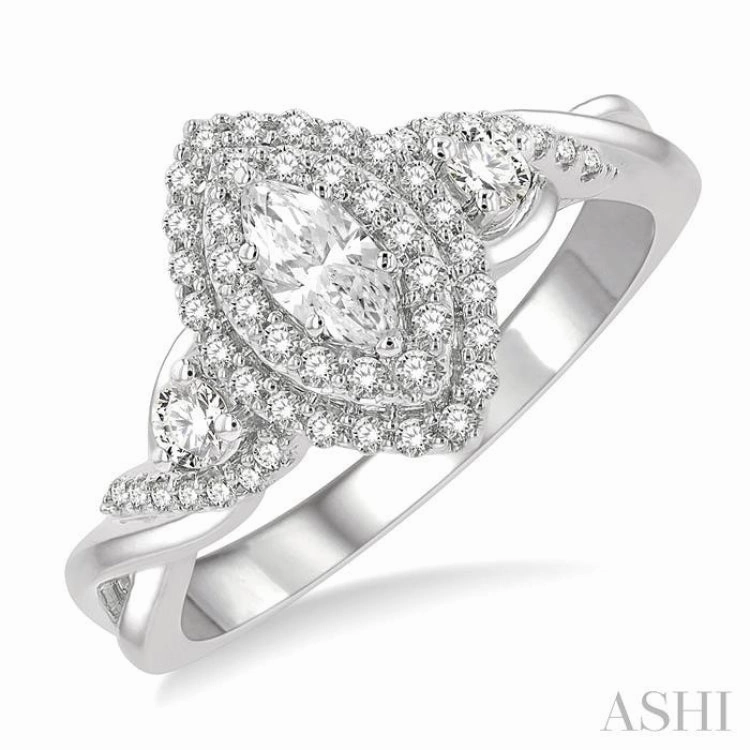 5/8 ctw Split Twisted Shank Round Cut Diamond Engagement Ring With 1/4 ct Marquise Cut Center Stone in 14K White Gold