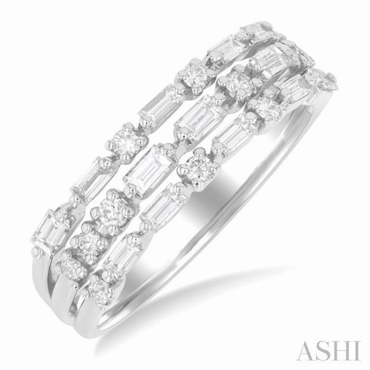 5/8 Ctw Triple Row Baguette and Round Cut Diamond Fashion Band in 14K White Gold