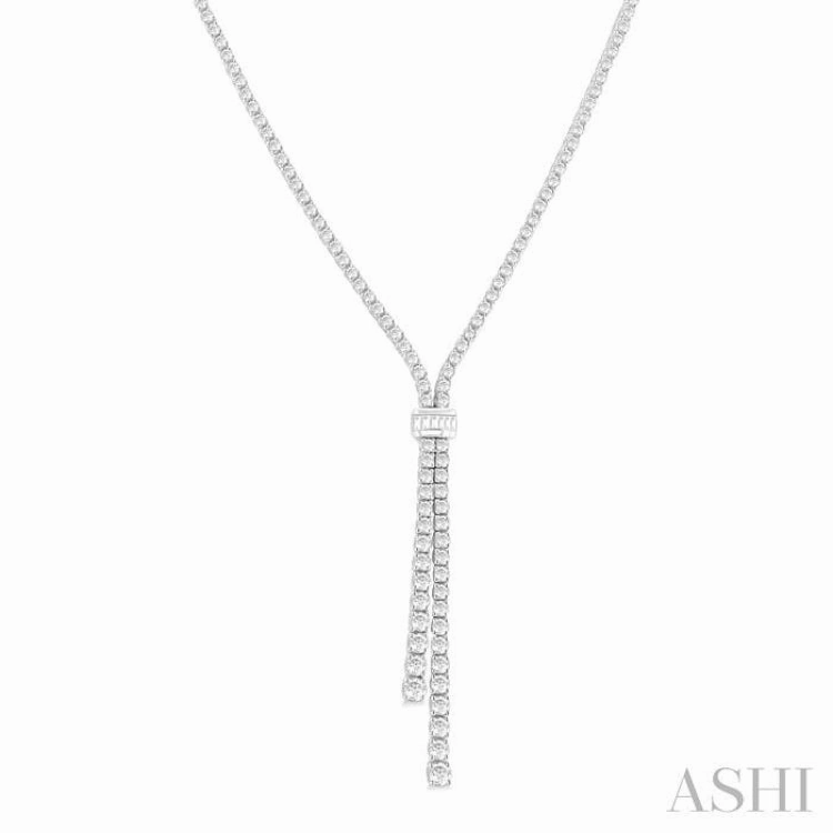 5 Ctw Split Y-Shape Baguette and Round Cut Diamond Lariat Necklace in 14K White Gold