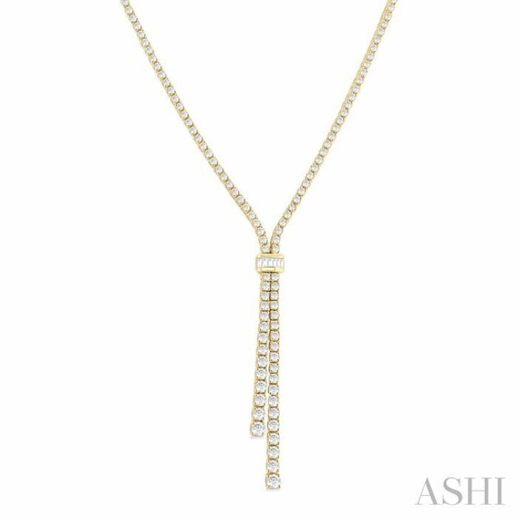 5 Ctw Split Y-Shape Baguette and Round Cut Diamond Lariat Necklace in 14K Yellow Gold