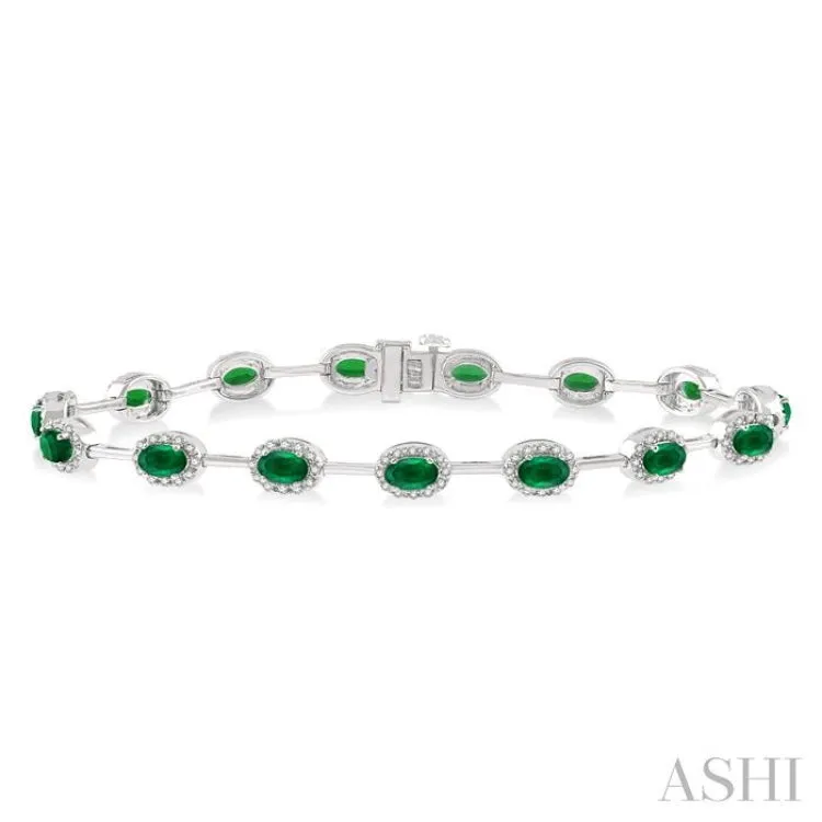 5x3 MM Oval Cut Emerald and 5/8 Ctw Round Cut Diamond Precious Bracelet in 14K White Gold