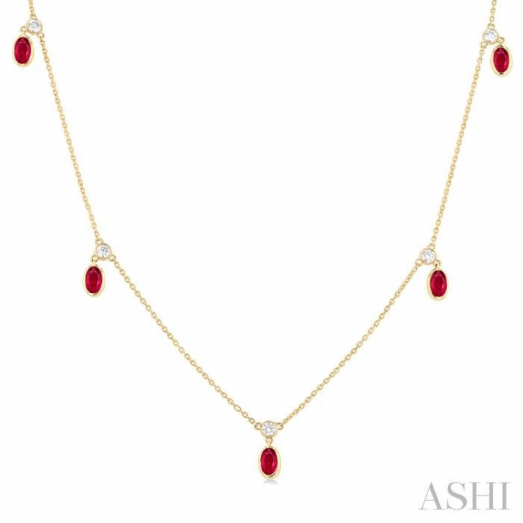 5x3 MM Oval Shape Ruby and 1/8 ctw Round Cut Diamonds Precious Station Necklace in 10K Yellow Gold