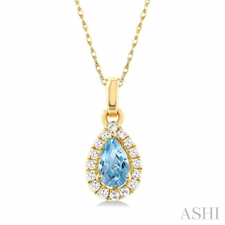 5x3 MM Pear Shape Aquamarine and 1/20 ctw Single Cut Diamond Halo Semi Precious Pendant with Chain in 10K Yellow Gold