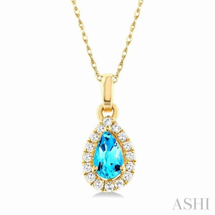 5x3 MM Pear Shape Blue Topaz and 1/20 ctw Single Cut Diamond Halo Semi Precious Pendant with Chain in 14K Yellow Gold