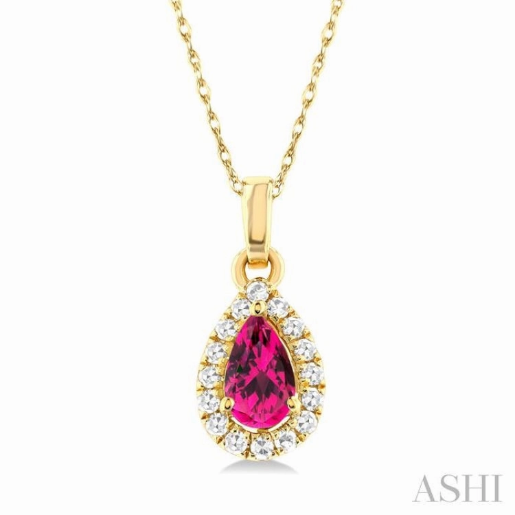 5x3 MM Pear Shape Pink Tourmaline and 1/20 ctw Single Cut Diamond Halo Semi Precious Pendant with Chain in 14K Yellow Gold