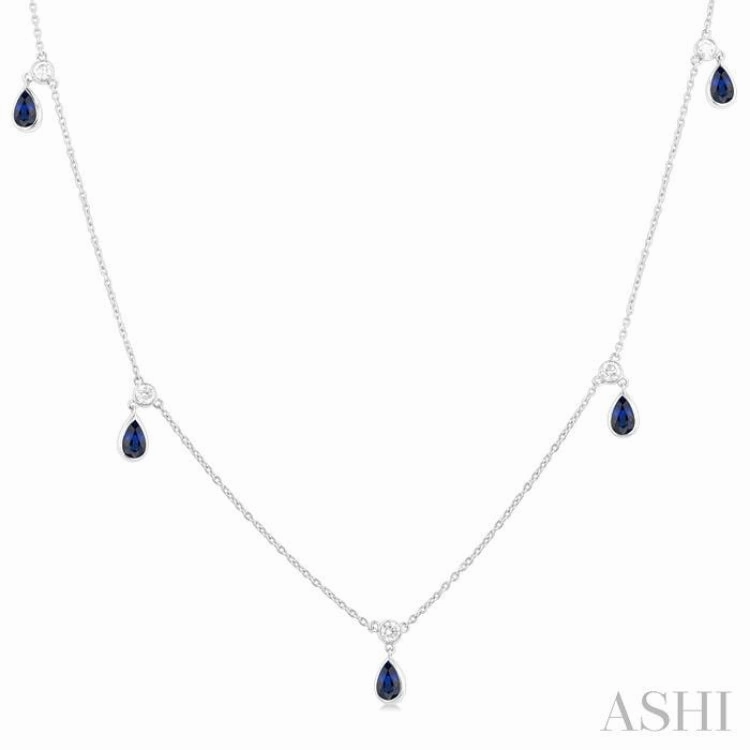 5x3 MM Pear Shape Sapphire and 1/4 ctw Round Cut Diamonds Precious Station Necklace in 10K White Gold