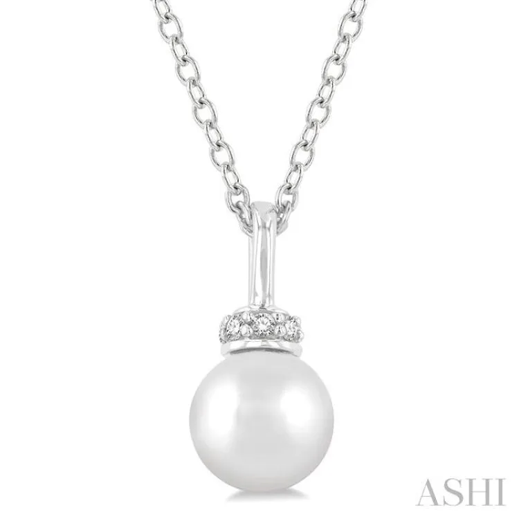6 MM Round Shape Cultured Pearl and 1/20 ctw Petite Round Cut Diamond Crown Fashion Pendant With Chain in 10K White Gold
