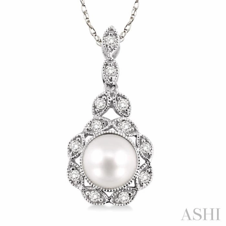 6.5 MM Cultured Pearl and 1/10 ctw Single Cut Diamond Pendant in 10K White Gold with Chain