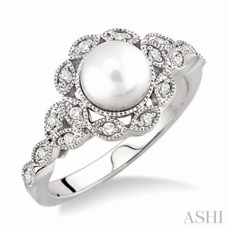 6.5 MM Cultured Pearl and 1/8 ctw Single Cut Diamond Ring in 14K White Gold