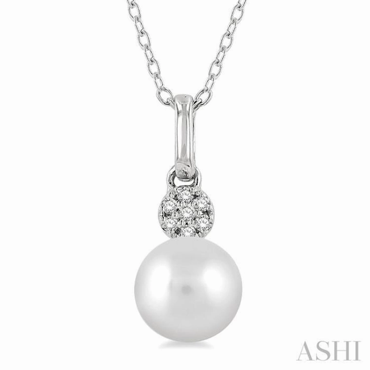 6 MM Round Shape Cultured Pearl and 1/50 ctw Round Cut Diamond Petite Fashion Pendant With Chain in 10K White Gold