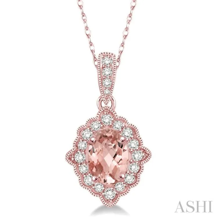 6x4 MM Ethnic Oval Cut Morganite and 1/6 ctw Round Cut Diamond Semi-Precious Pendant in 10K Rose Gold with chain