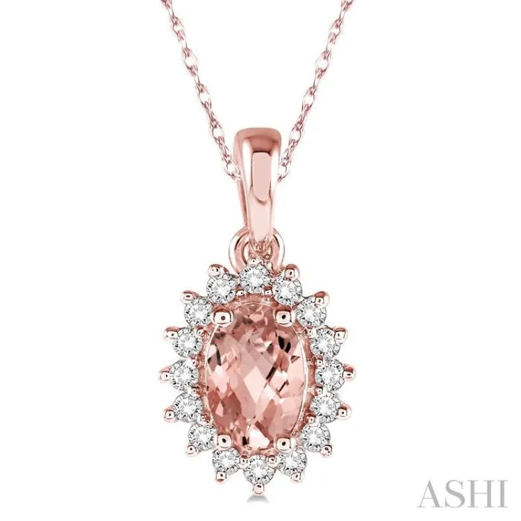 6x4 MM Oval Cut Morganite Center Sunflower and 1/8 Ctw Round Cut Diamond Semi-Precious Pendant in 10K Rose Gold with chain