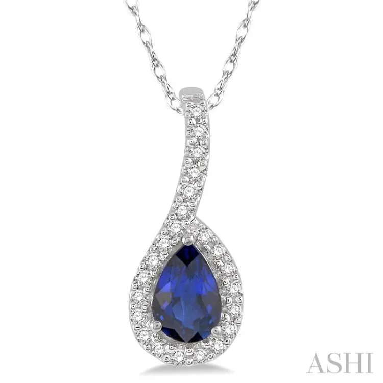 6x4 MM Pear Shape Sapphire and 1/8 Ctw Round Cut Diamond Precious Pendant in 10K White Gold