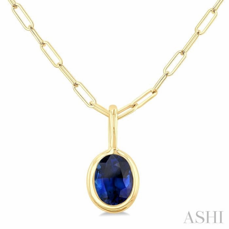 6x4 MM Bezel Set Oval Cut Sapphire Precious Fashion Pendant With Paperclip Chain in 14K Yellow Gold