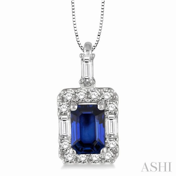 6x4 MM Octagon Cut Sapphire and 1/3 Ctw Round Cut Diamond Precious Pendant in 14K White Gold with Chain