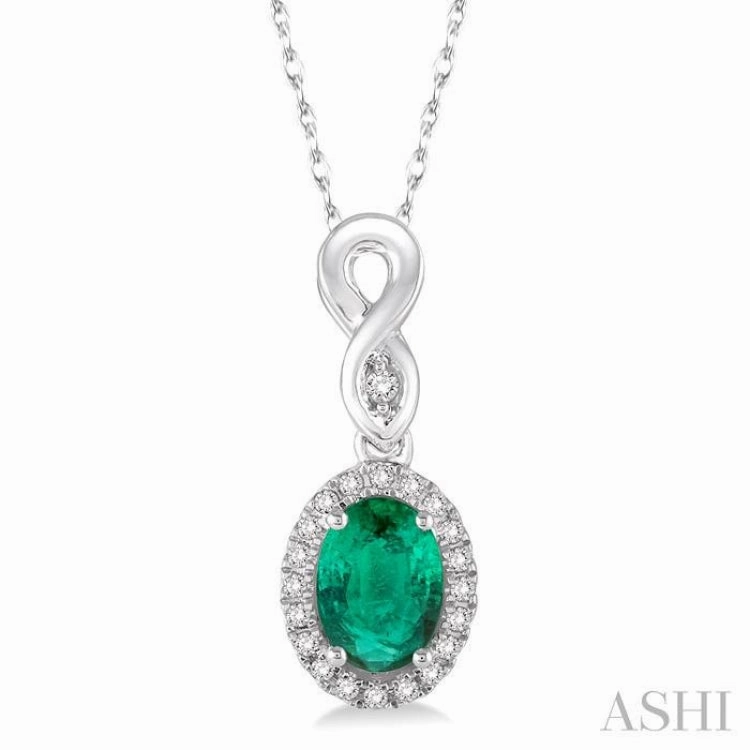 6x4 MM Oval Cut Emerald and 1/10 Ctw Round Cut Diamond Pendant in 14K White Gold with Chain
