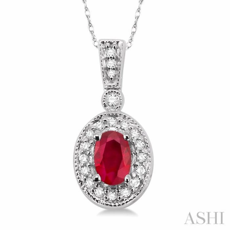 6x4 MM Oval Cut Ruby and 1/8 ctw Round Cut Diamond Pendant in 14K White Gold with Chain