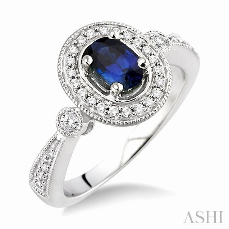 6x4 MM Oval Cut Sapphire and 1/5 Ctw Round Cut Diamond Ring in 14K White Gold