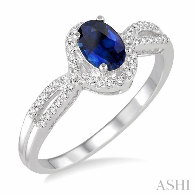 6x4 MM Oval Cut Sapphire and 1/6 ctw Round Cut Diamond Ring in 10K White Gold