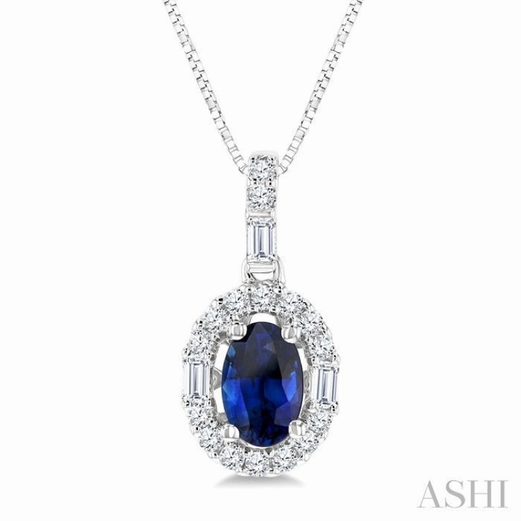 6x4 MM Oval Shape Sapphire and 1/4 Ctw Diamond Precious Pendant in 14K White Gold with Chain
