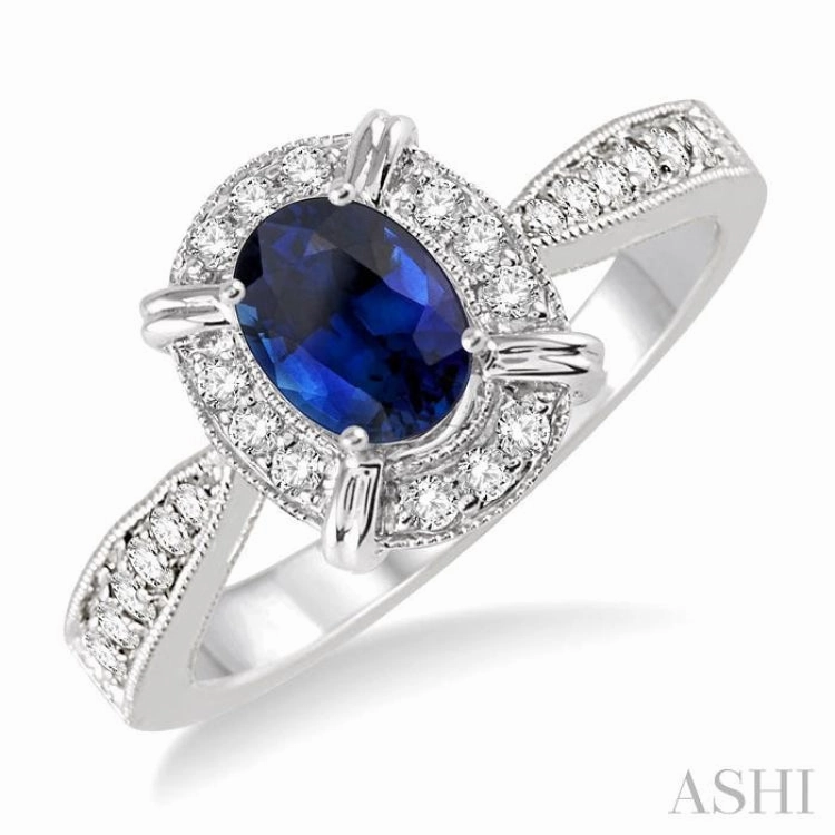 6x4 MM Oval Shape Sapphire and 1/6 Ctw Single Cut Diamond Ring in 10K White Gold