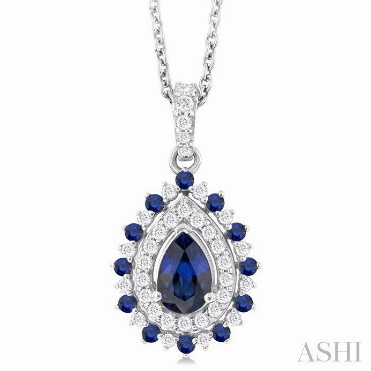 6X4 MM Pear Cut & 1.55 MM Round Cut Sapphire and 1/4 ctw Round Cut Diamond Floral Precious Pendant With Chain in 14K White Gold