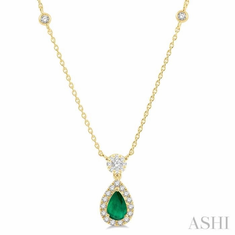 6x4 MM Pear Cut Emerald and 1/3 Ctw Round Cut Diamond Lovebright Precious Necklace in 14K Yellow Gold