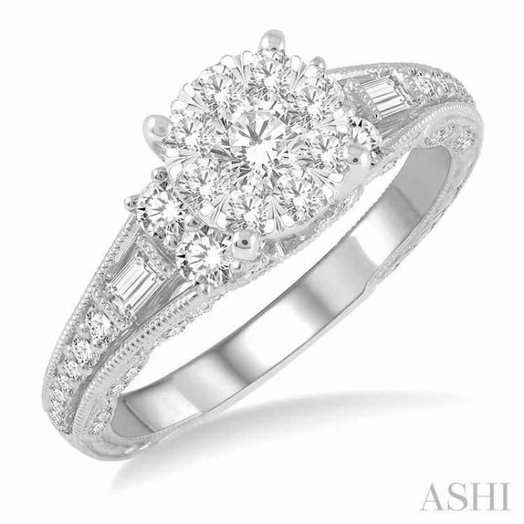 7/8 ctw Circular Mount Lovebright Round Cut and Baguette Diamond Engagement Ring in 14K White Gold