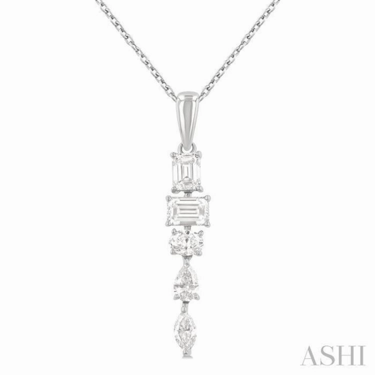 7/8 ctw Mixed Diamond Cut Dangle Fashion Pendant With Chain in 14K White Gold