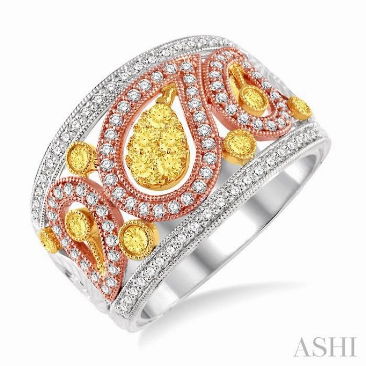 7/8 ctw Round Cut Yellow and White Diamond Fashion Ring in 14K Tri Color Gold