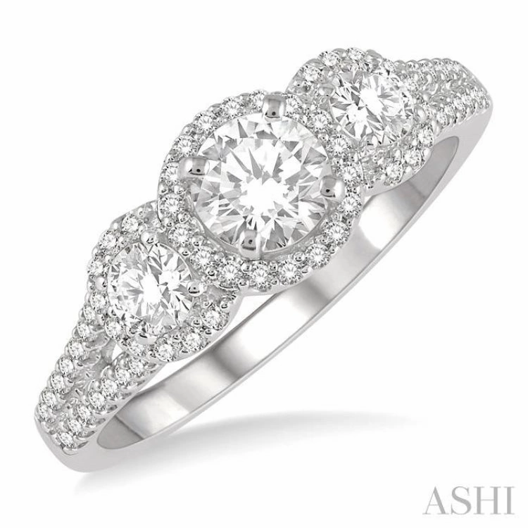 7/8 ctw Round Triple Mount Diamond Ladies Engagement Ring in 14K White Gold