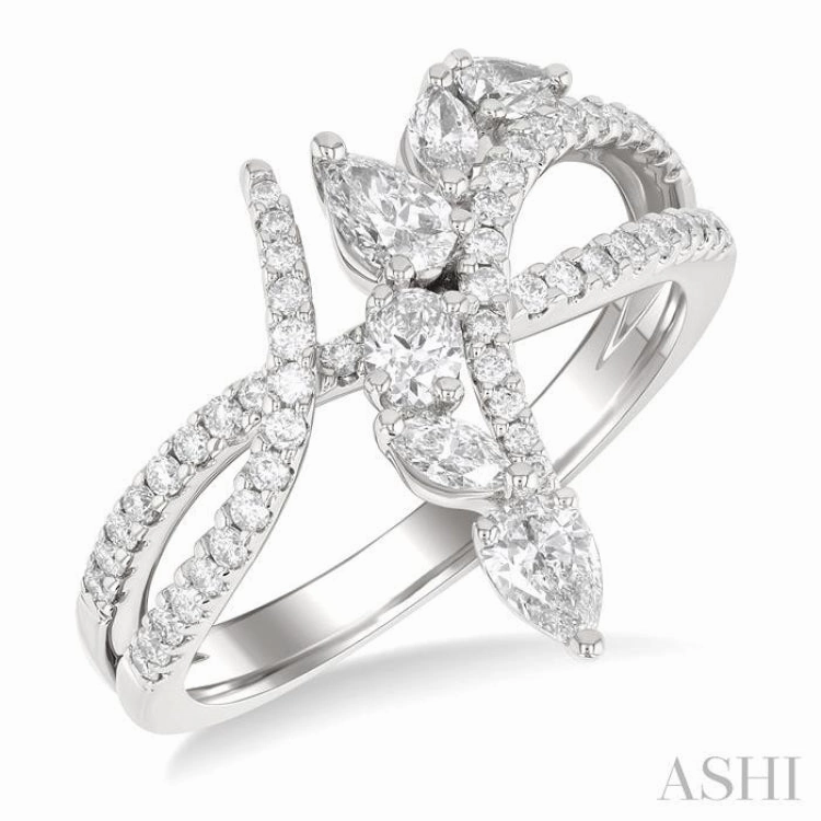 7/8 Ctw Split Bypass Shank Mixed Diamond Cut Fashion Ring in 14K White Gold