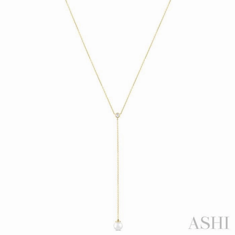 7 MM Round Shape Cultured Pearl and 1/20 ctw Round Cut Diamond Lariat Necklace in 14K Yellow Gold
