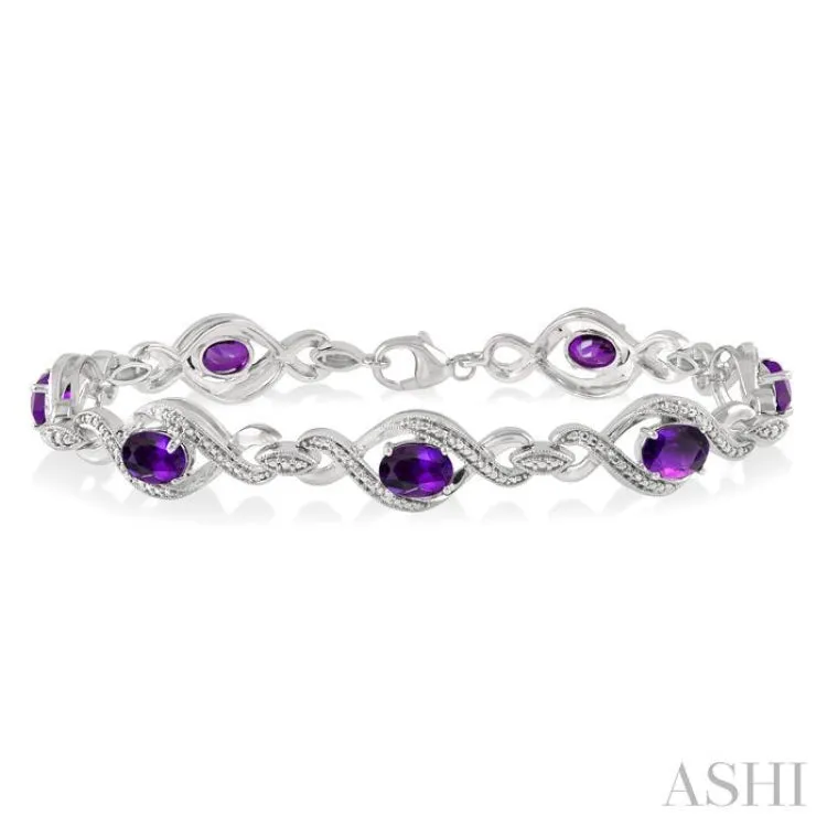 7x5 MM Oval Cut Amethyst and 1/10 Ctw Round Cut Diamond Semi-Precious Bracelet in Sterling Silver