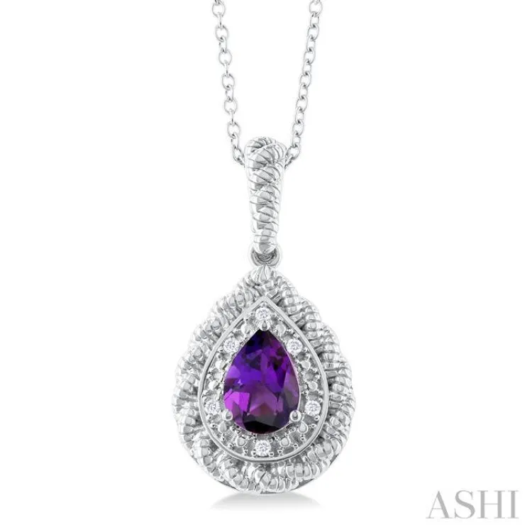 7X5 MM Pear Cut Amethyst and 1/20 ctw Round Cut Diamond Semi-Precious Pendant With Chain in Sterling Silver