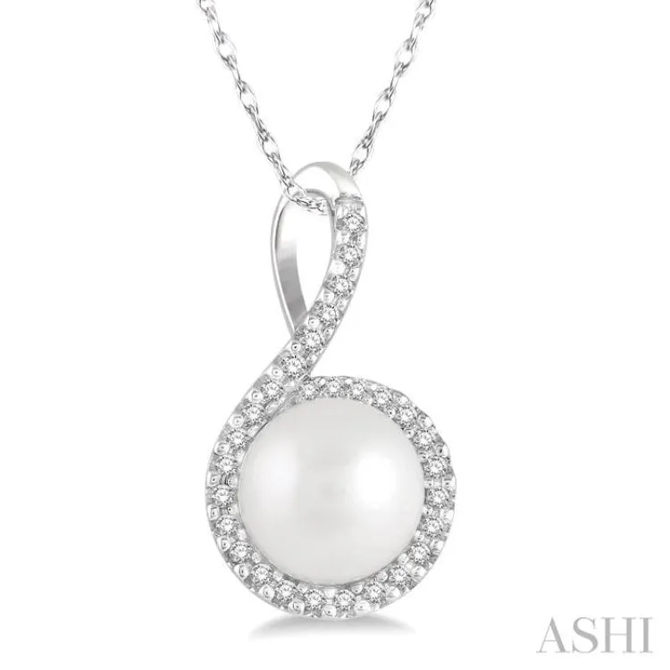 7x7 MM Round Shape Center Cultured Pearl and 1/10 ctw Round Cut Diamond Pendant in 10K White Gold