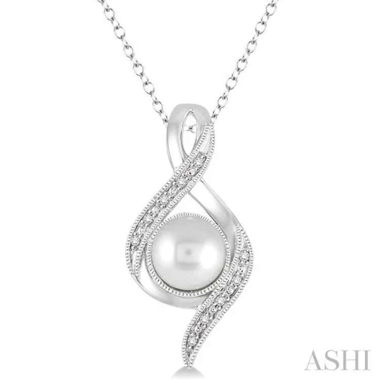 7x7 MM Round Shape Cultured Pearl and 1/20 ctw Round Cut Diamond Pendant in Sterling Silver with Chain