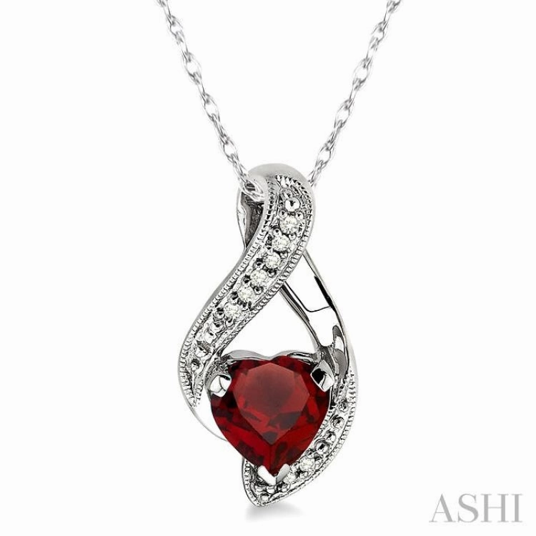 7x7 MM Heart Shape Garnet and 1/20 ctw Single Cut Diamond Semi-Precious Pendant in 10K White Gold with Chain