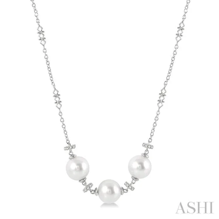 8 MM Triple Cultured Pearls and 1/5 ctw Round Cut Diamond Circular Mount Necklace in 14K White Gold