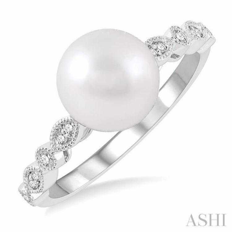 8 MM Cultured Pearl and 1/10 ctw Round Cut Diamond Ring in 14K White Gold