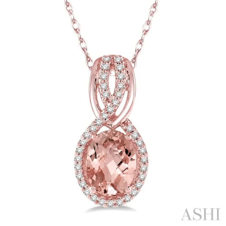 8x6 MM Oval Cut Morganite and 1/6 ctw Round Cut Diamond Entwined Semi-Precious Pendant in 14K Rose Gold with chain