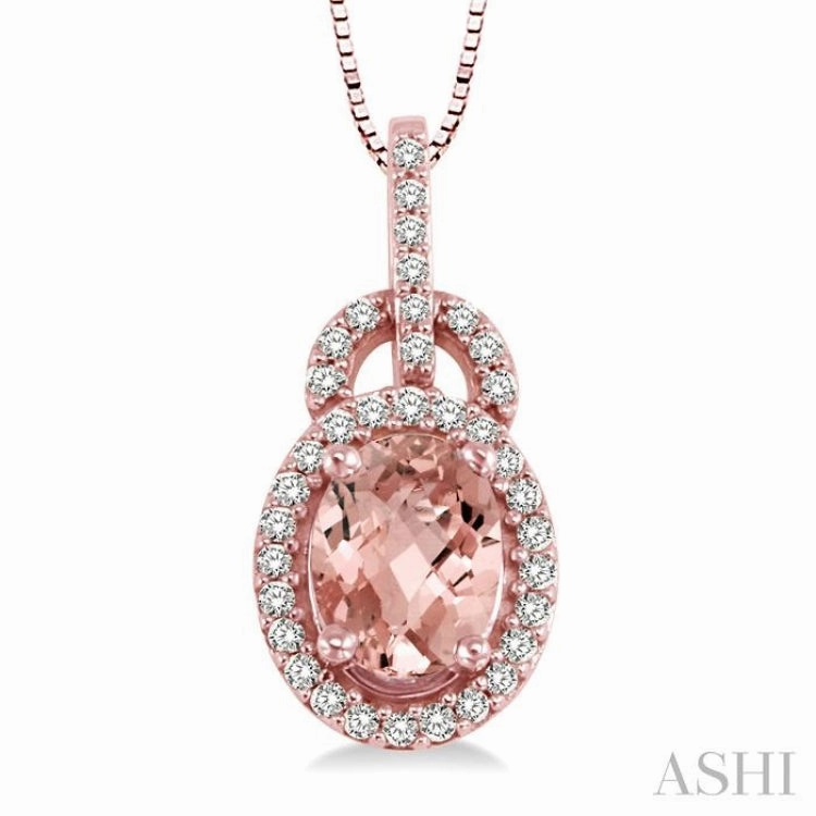 8x6 MM Oval Cut Morganite and 1/4 ctw Round Cut Diamond Pendant in 14K Rose Gold with Chain
