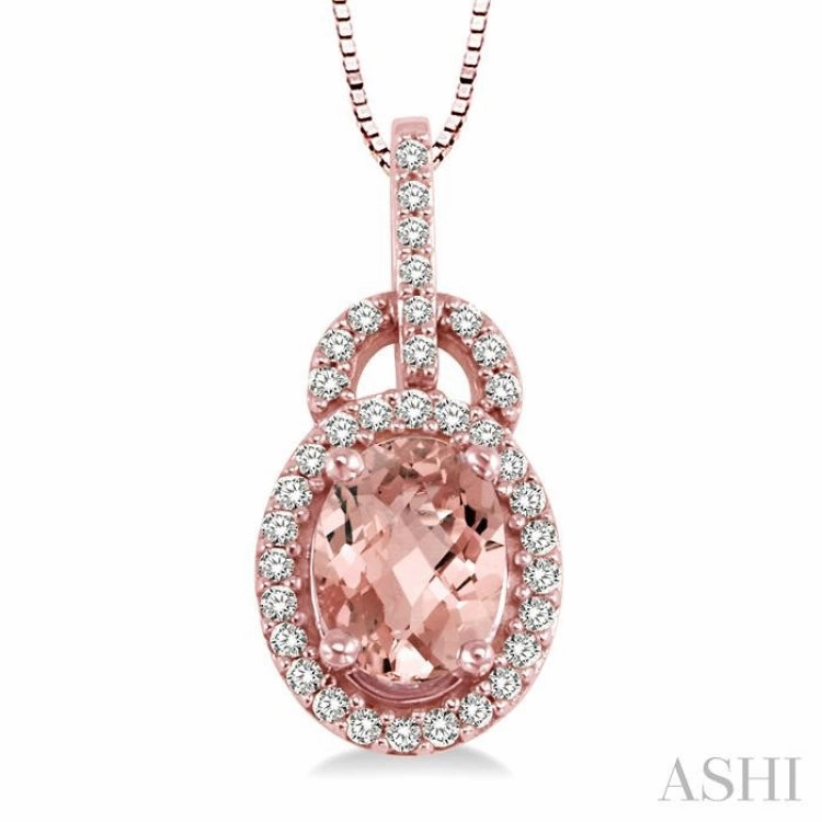 8x6 MM Oval Cut Morganite and 1/4 ctw Round Cut Diamond Pendant in 14K Rose Gold with Chain