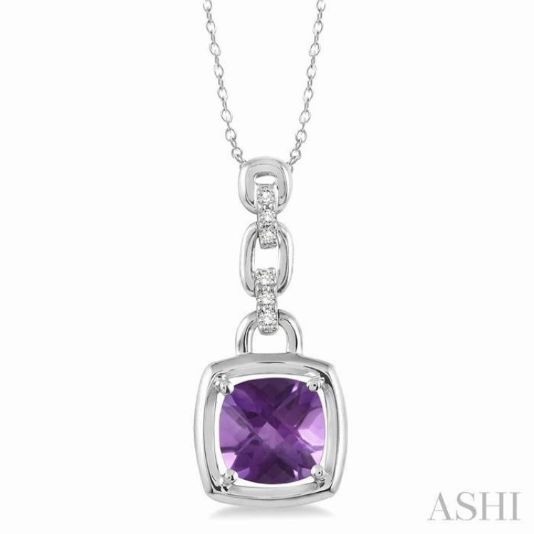 8x8 MM Cushion Checker Amethyst and 1/20 ctw Single Cut Diamond Pendant in Sterling Silver with Chain