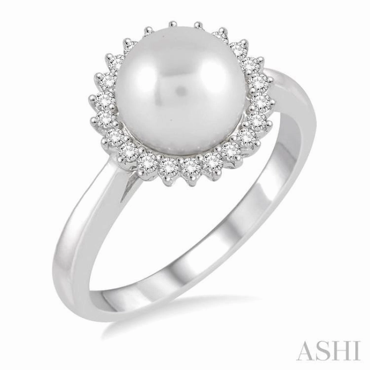 8x8 MM Round Shape Cultured Pearl and 1/5 ctw Round Cut Diamond Ring in 14K White Gold