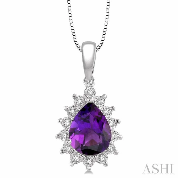 9x6 MM Pear Shape Amethyst and 1/10 ctw Round Cut Diamond Semi-Precious Pendant in 10K White Gold