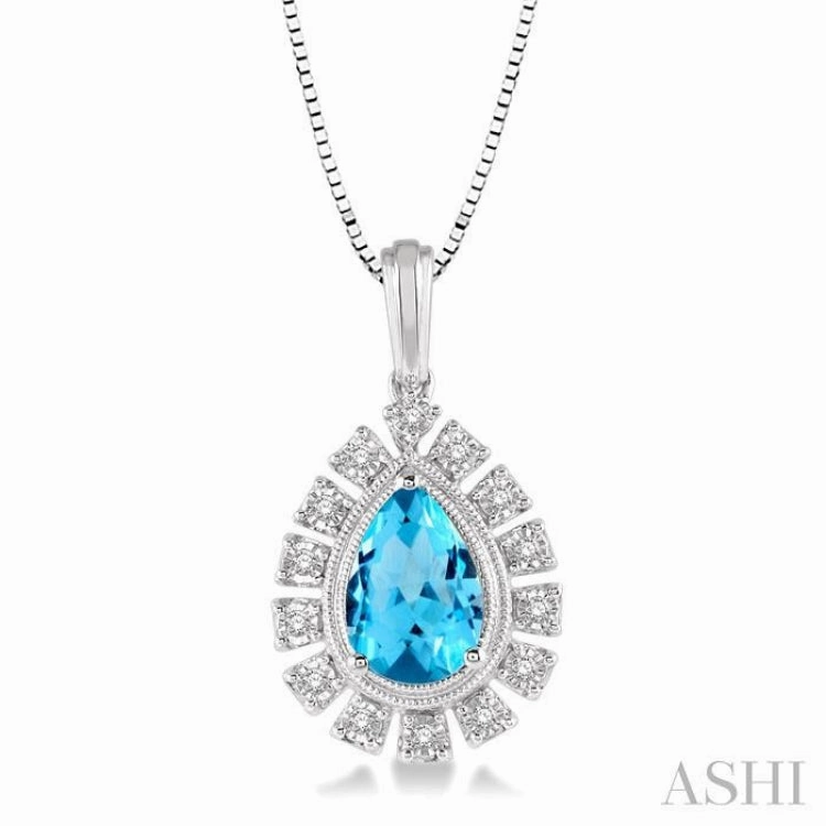 9x6 MM Pear Shape Blue Topaz and 1/10 ctw Round Cut Diamond Semi-Precious Pendant With Chain in 10K White Gold